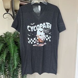 NWOT Halloween Bike Ghost “Cycopath” Bicycling Dark Grey V-Neck Shirt